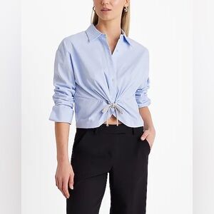 Express Blue Rhinestone Bow Cinched Front Cropped Shirt, Size Medium *Worn Once*